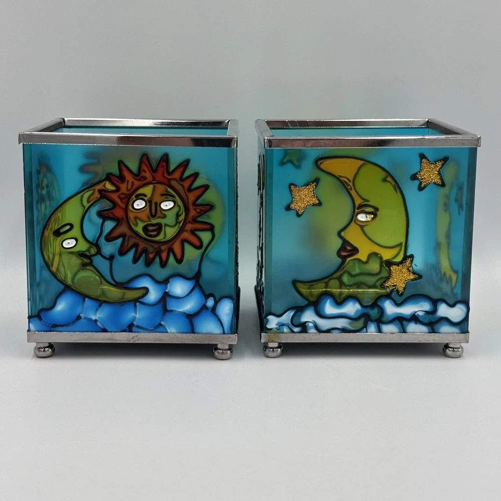 VINTAGE CELESTIAL SUN & MOON VOTIVE BURNERS CANDLE HOLDERS LOT OF 2